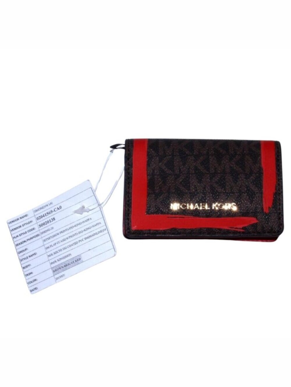 MICHAEL KORS Jet Set Travel Card Case Wallet MK Red Brown Leather NWT